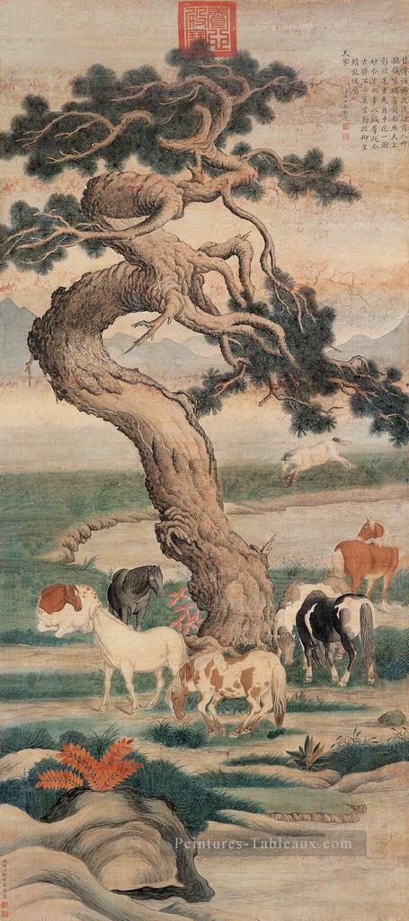 Lang brille huit Chevals sous l’arbre chinois traditionnel Peintures à l'huile